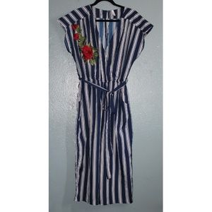 Striped Jumpsuit with Rose Embroidery